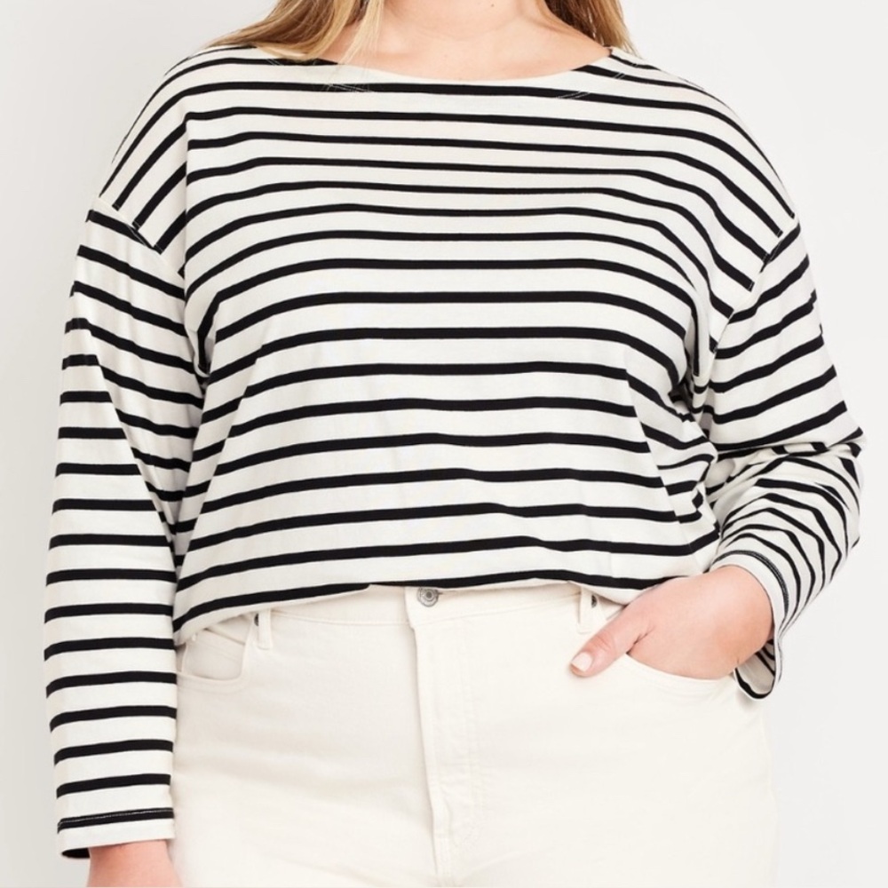Old Navy Women’s Plus Navy & White Striped Boatneck Long Sleeve Tee 2X Plus NEW